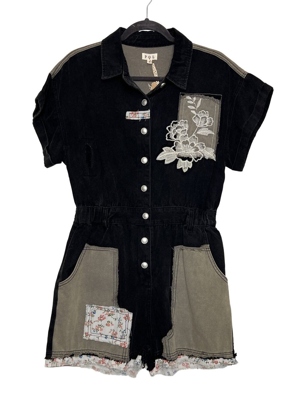 POL Denim Romper Gray Olive Floral Distressed Patchwork Small Cotton
